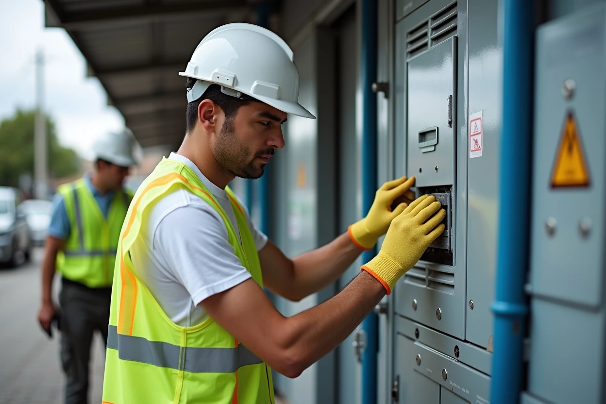 Técnico revisando tablero eléctrico en local comercial
